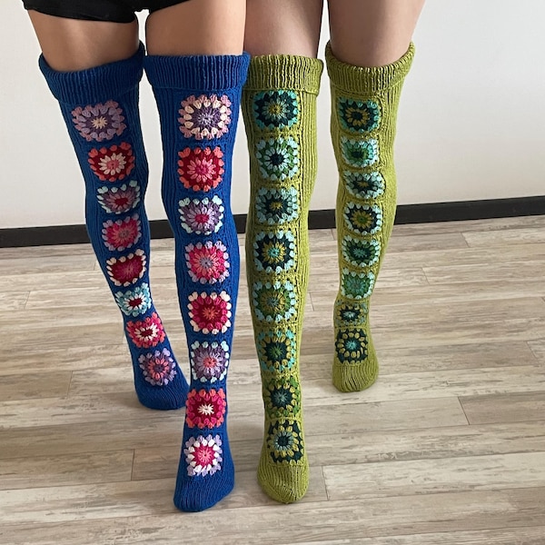 Oberschenkelhohe Socken Gehäkelte Granny Square Socken Handgestrickte lange bunte Slouch-Socken VERSANDFERTIG