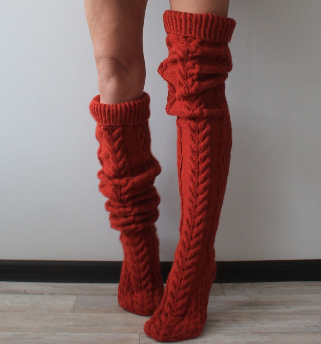 Hand Knit Thigh High Wool Socks Handmade Cable Knit Long Socks Etsy