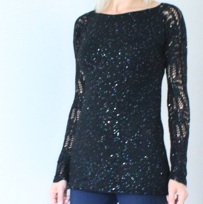 Sequin top Knit sweater Sheer sweater in black cotton with glitters ready to ship