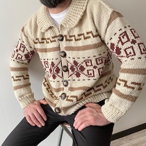 Hand knit cardigan men Big Lebowski cardigan Fair Isle sweater Vintage style 70s Dude style sweater Hand knitted wool sweaters for women