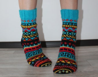Hand knit socks Fair Isle socks Bright handmade wool socks Cute gift READY TO SHIP
