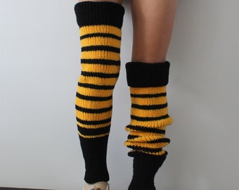 Thigh high leg warmers Chunky leg warmers Bee lovers gift Hand knit boot cuffs Handmade striped knee warmers READY TO SHIP