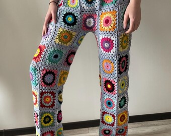 クロシェパンツ グラニースクエアパンツ ハンドメイドレインボーパンツ 