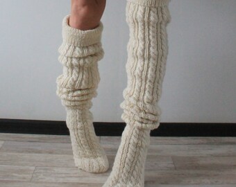 Thigh high socks Alpaca socks Hand knit socks Long socks Cable knit socks READY TO SHIP