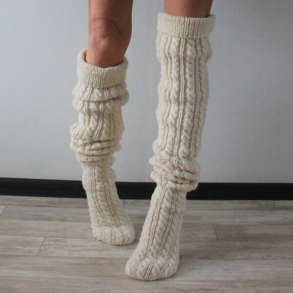 Thigh high socks Alpaca socks Hand knit socks Long socks Cable knit socks READY TO SHIP