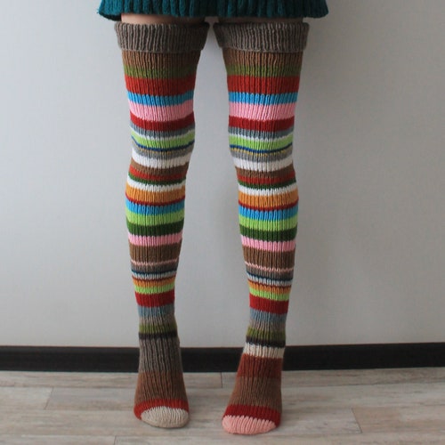 Knee high socks Hand knit socks Thigh high socks Slouch socks Striped socks