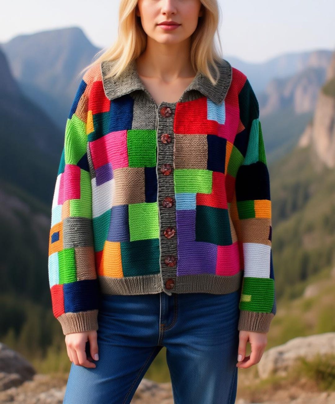 トップス Hand Knitted Patchwork Cardigan Patchwork Oversized Cardigan Hand Knitted Blue&gray Cardigan - Etsy