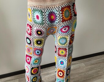 Crochet Pants Granny Square Pants Handmade Rainbow Trousers