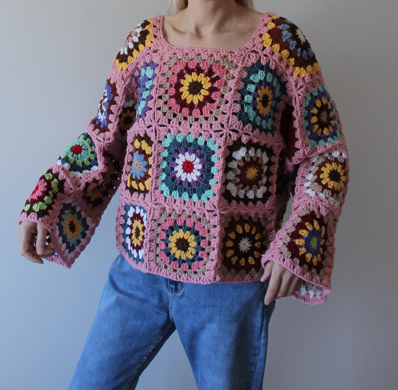 Granny Square Sweater Crochet Sweater Knitted Oversized - Etsy