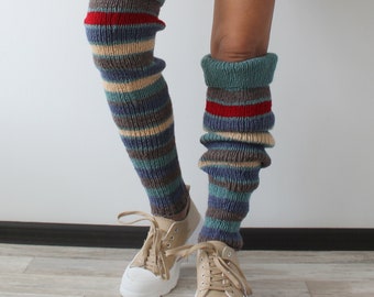 Thigh high leg warmers Hand knit Boot cuffs Striped Dance yoga leg warmers