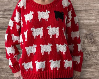 Sheep sweater Hand knit sweater Black sheep Cottagecore sweater 80s style sweater Handmade jumper READY TO SHIP Red sweater women