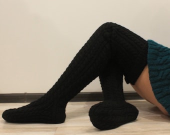 Hand knit thigh high alpaca socks Handmade long wool socks Cable knit over knee socks READY TO SHIP