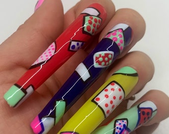 Modern Japanese style nail | Reusable press on nails | Pop art Cartoon nail | Long Medium Short | Pressons | Custom