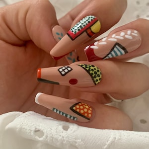 Abstract artistic press nail | Reusable press on nails | Stiletto Oval Almond Square Coffin Balerina | Long Medium Short | Pressons | Custom