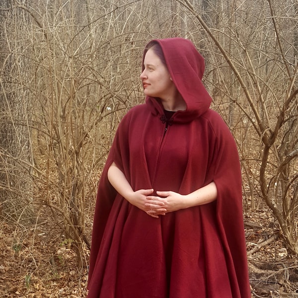 Burgundy Long Cloak - Full Circle Fleece Medieval Renaissance Hooded Cloak - Costume Cape with Hood - Optional Arm Slits and Pockets