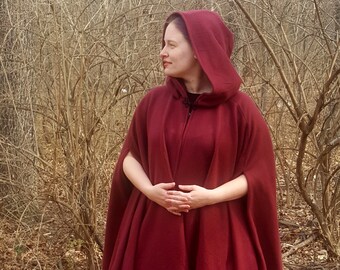 Burgundy Long Cloak - Full Circle Fleece Medieval Renaissance Hooded Cloak - Costume Cape with Hood - Optional Arm Slits and Pockets