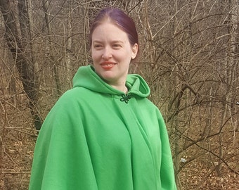 Short Fleece Cloak - Light Green Full Circle Cloak Cape with Hood - Spring Fall Jacket Poncho