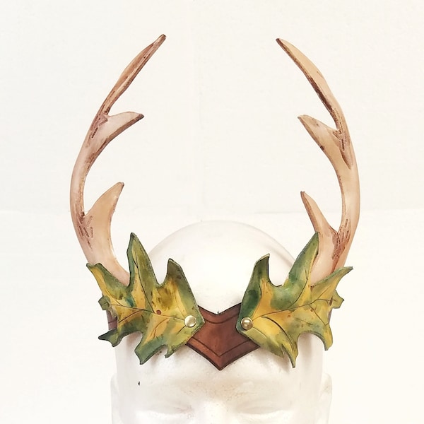 Leather Oak Leaf and Antler Crown Headdress - Green and Brown Leather Circlet