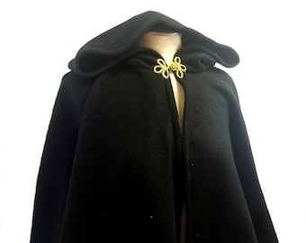 Short Fleece Cloak, Black Full Circle Cloak Cape with Hood, Black Fall Spring Jacket Costume Cloak Capelet Hood