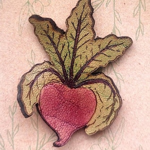 Beet Vegetable Leather Pin - Leather Hand Painted Nature Art Jewelry Brooch