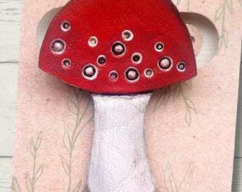 Spotted Mushroom Pin - Leather Hand Painted Nature Art Jewelry Brooch - Fly Amanita Deathcap