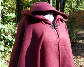 Short Fleece Cloak, Burgundy Wine Full Circle Cloak Cape with Hood