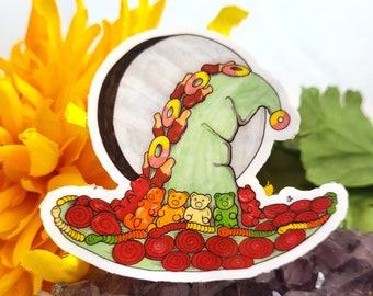 Gummy Candy Witch Hat Vinyl Decal Water Resistant Art Sticker, Celebration Occasion Witchy Sticker