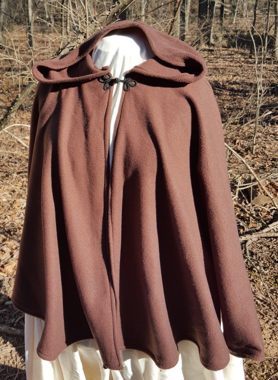 wyrdarmouries Short Fleece Cloak, Dark Brown Full Circle Cloak Cape with Hood