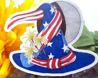 Independence Day Fourth of July Witch Hat Vinyl Decal Water Resistant Art Sticker, Celebration Occasion Witchy Sticker