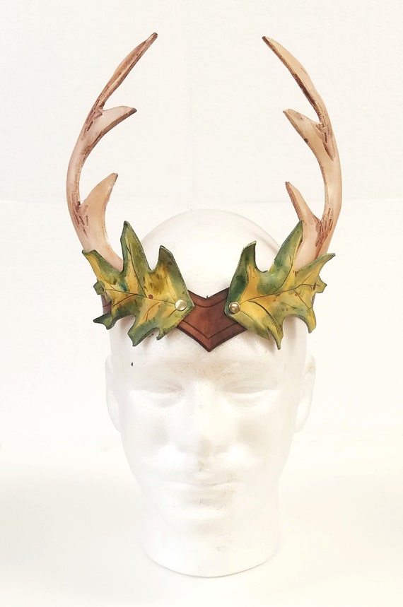Leather Oak Leaf and Antler Crown Headdress Green and Brown Etsy