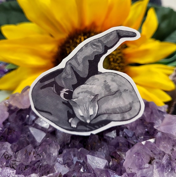 Kitty on a Witch Hat Vinyl Decal Water Resistance Art Sticker, Witches Familiar Grey Cat Kitten Witchy Sticker