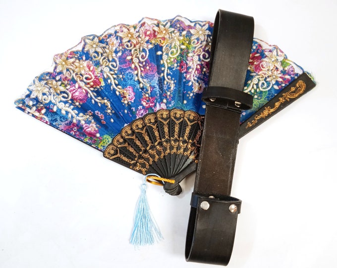 Fan Holder, Leather Fan Holster for Belt, Hand Fan Belt Holster, Summer Festival Accessory Steampunk Renaissance Medieval