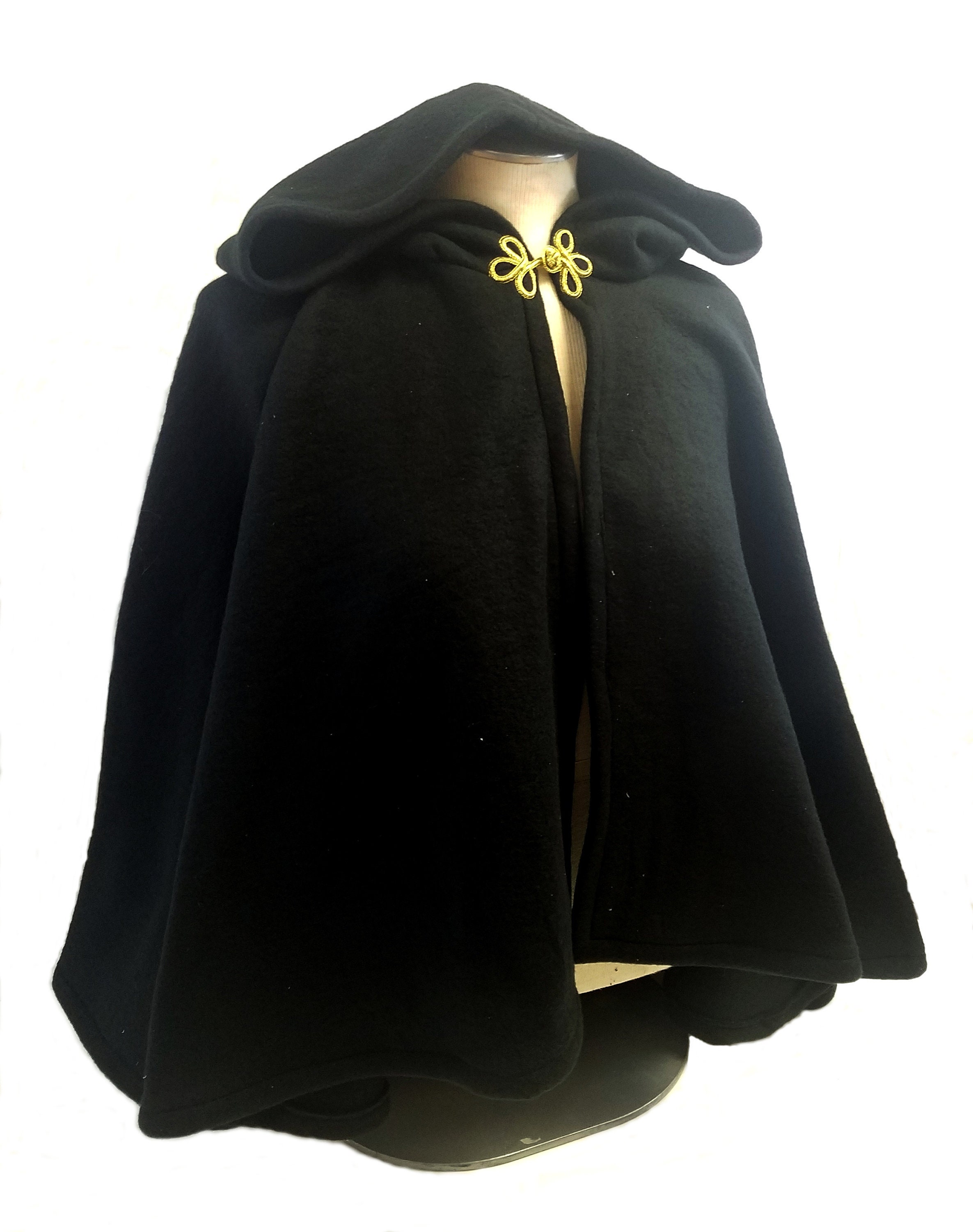 wyrdarmouries Short Fleece Cloak, Black Full Circle Cloak Cape with Hood, Black Fall Spring Jacket Costume Cloak Capelet Hood