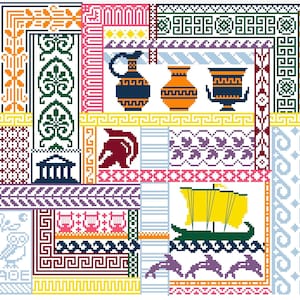 May include: A colourful digital illustration of Greek motifs, including a ship, dolphins, amphorae, a temple, and a warrior's helmet. The illustration is made up of a patchwork of different patterns and colours.
