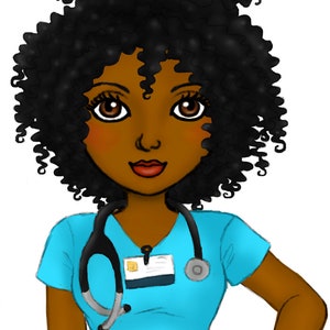May include: Illustration of a Black woman in blue medical scrubs, a stethoscope, and a name tag. She has dark curly hair, brown skin, and is wearing black shoes. The image is a digital drawing.
