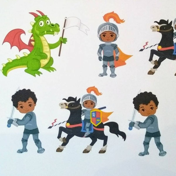 9 Knight Boy African American with Dragon, Horse variety stickers for planners & scrapbooks