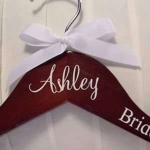 Personalized wooden hanger in natural, cherry, black or white wood. Perfect for Wedding Photo Opp, Bridal Party, Birthday, Graduation.