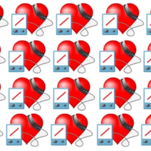May include: A repeating pattern of red hearts with black headphones and blue rectangles with a red line. The hearts and rectangles are connected by a black cord.