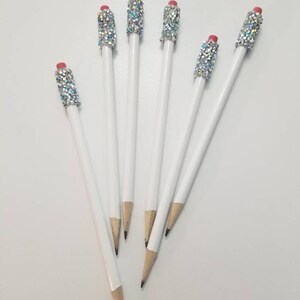 6 Crystal Bling White Pencils in a black gift box with FREE SHIPPING