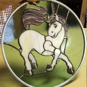 Unicorn Suncatcher: Copper on Glass, Iridescent White Unicorn