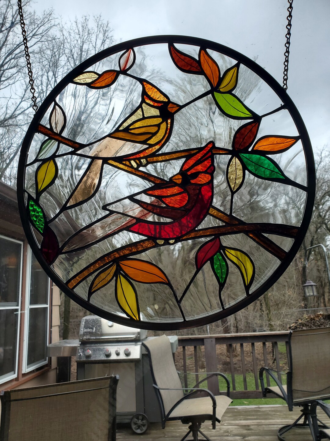 Round Top Fall Cardinal Fall Cardinals Stained Glass Window - 14 Inch Round - Etsy