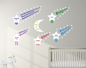 Islamico Cinque Pilastri dell'Islam Luna e Stelle Muro Adesivo Vinile Eid & Ramadan Regalo Unico Islamico Nursery Decor Bambini Musulmani Educazione Corano