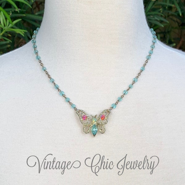 Girl's Vintage Assemblage Necklace with Repurposed Vintage Pink AB & Aqua Blue Rhinestone Butterfly Brooch and a Vintage Beaded Rosary Chain