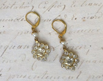 Vintage Assemblage Drop Earrings Handmade with Repurposed Vintage Rhinestone Earrings, Petite Swarovski Crystal Pearls and Vintage Bead Caps