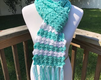 Hand crocheted mint and white scarf