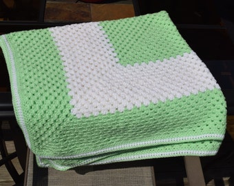 Hand Crochet Green and White Granny Square Baby Blanket