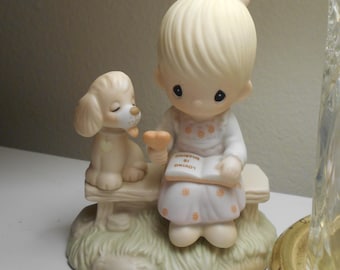 Precious Moments "Loving is Sharing" Bisque Porcelain Figurine, Girl and Dog, 1979