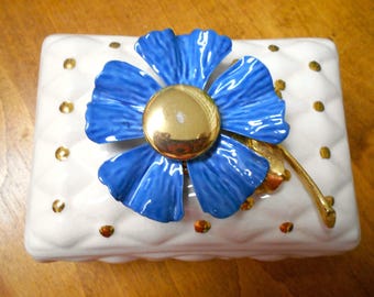 Handmade Ceramic Jewelry/Trinket Box with Blue Flower