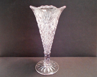 Antique EAPG Fluted Glass Vase, 5.5 inch Diamond Pattern Pedestal Vase