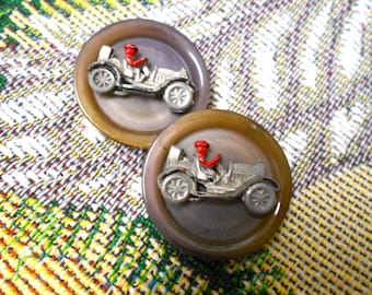 Vintage Pair Buttons with Antique Auto images attached